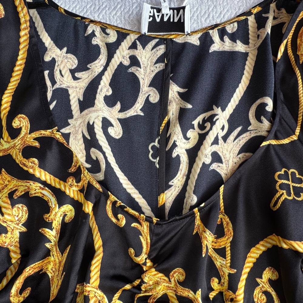 Ganni Silk Stretch Blouse Gathered Fitted Black & Gold Baroque - Picture 8 of 16